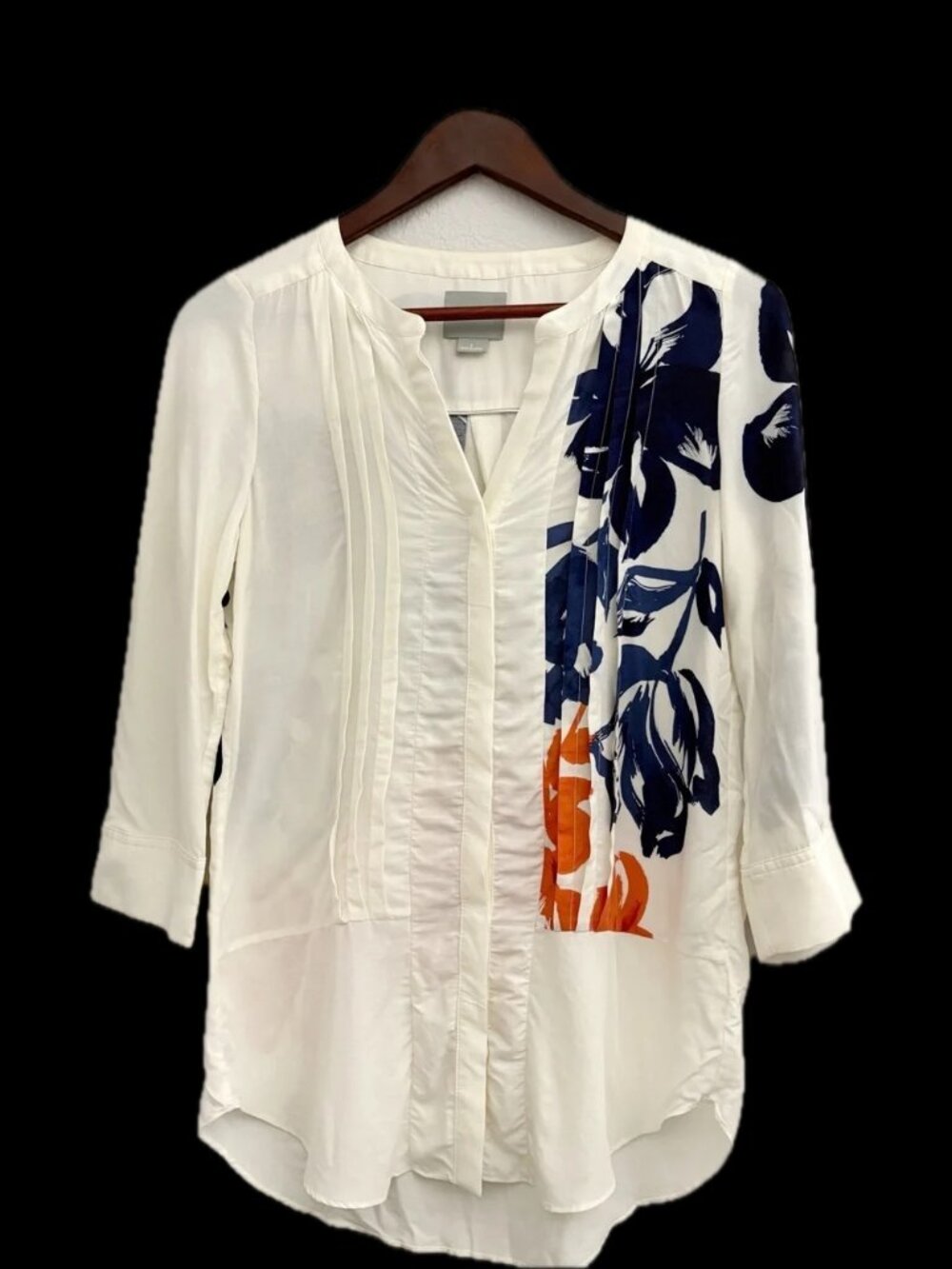 Maeve Cream Blouse with Navy and Orange Brushstroke Floral Print